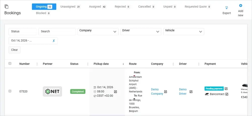 Bookings list with status tabs, filters and the first bookings