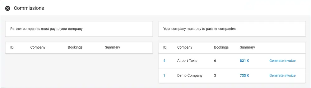 Commissions page with the tables Partner companies must pay to your company and Your company must pay to partner companies