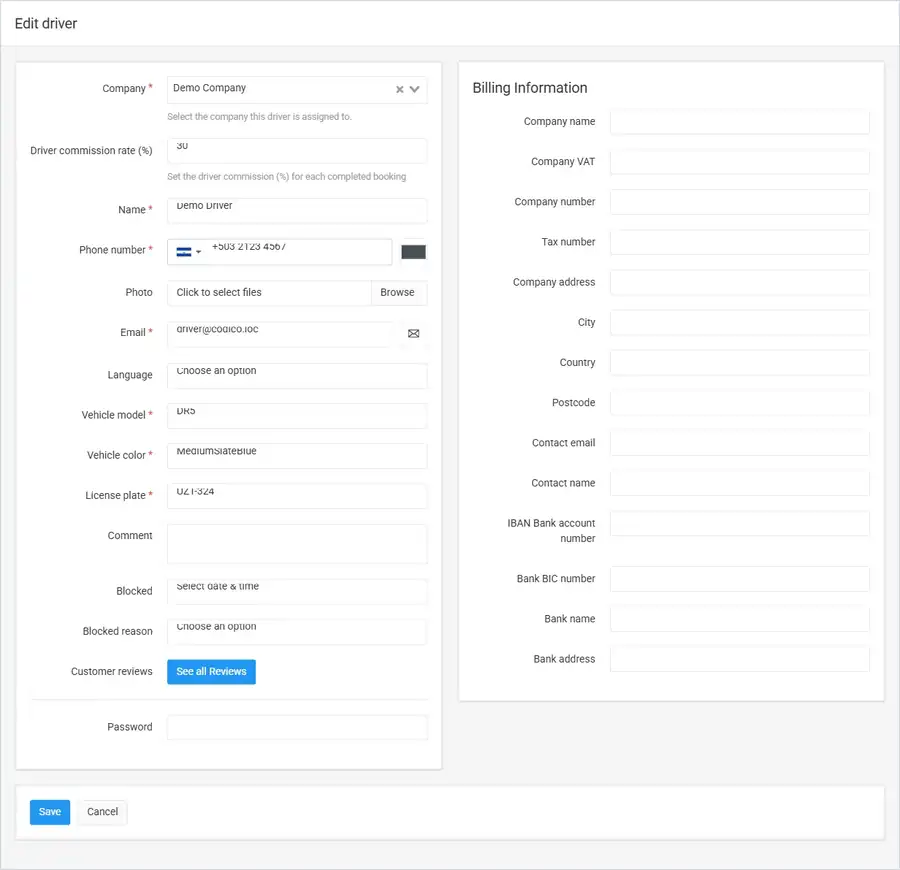 Edit driver form with driver details on the left and Billing Information on the right