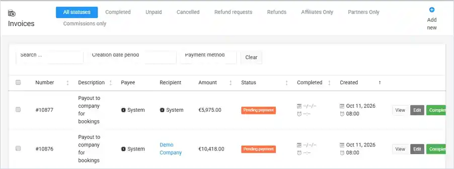 Invoices list with status tabs, filters and two payout orders