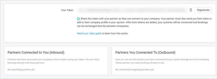 Partner Network page with Your Token (hidden), Regenerate, and lists of inbound and outbound partners