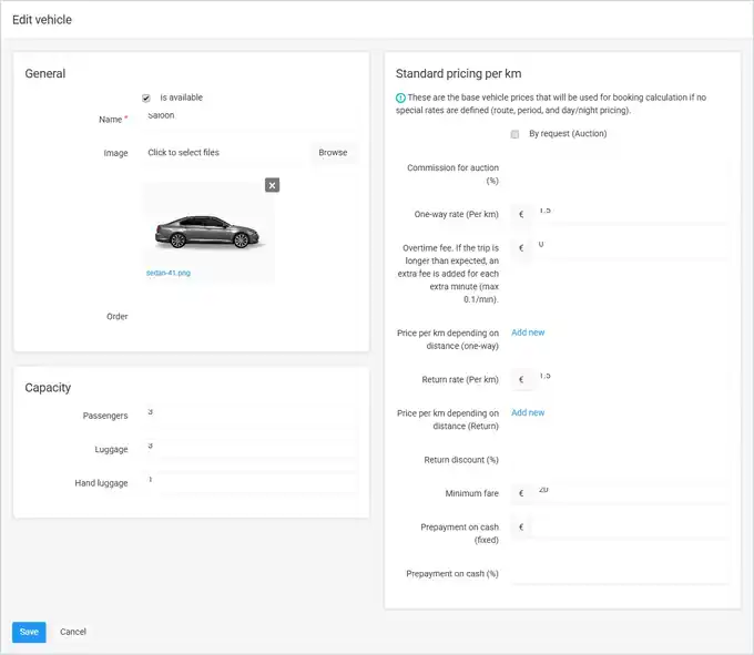 Edit vehicle form with General, Capacity and Standard pricing per km blocks