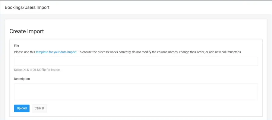 Create Import form with File, template link, Description, Upload and Cancel
