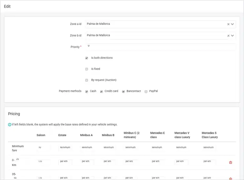 Route pricing form with Zone A, Zone B, Priority, options, payment methods and the pricing table