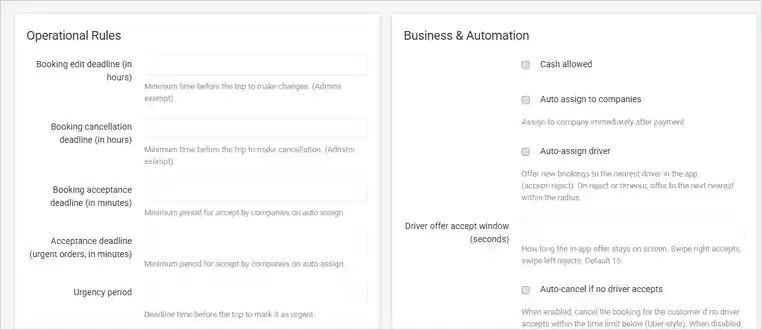 Booking Limits & Rules page with Operational Rules and Business & Automation groups