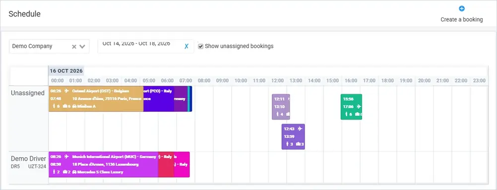 Schedule timeline with an Unassigned row and one row per driver