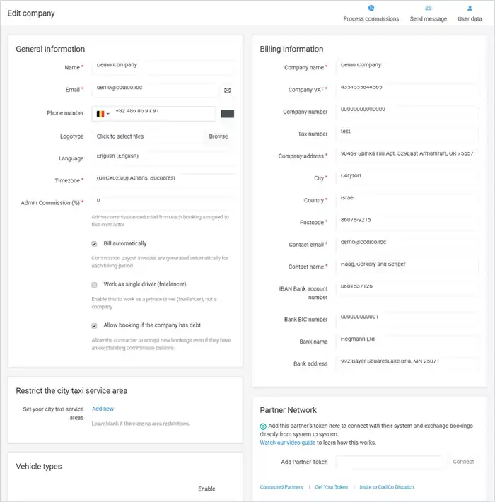Edit company form with General Information, Billing Information and Partner Network blocks