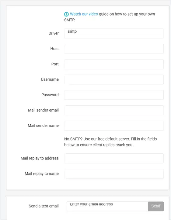SMTP settings: Driver, Host, Port, Username, Password, Mail sender email and name, Mail reply-to address and name, Send a test email