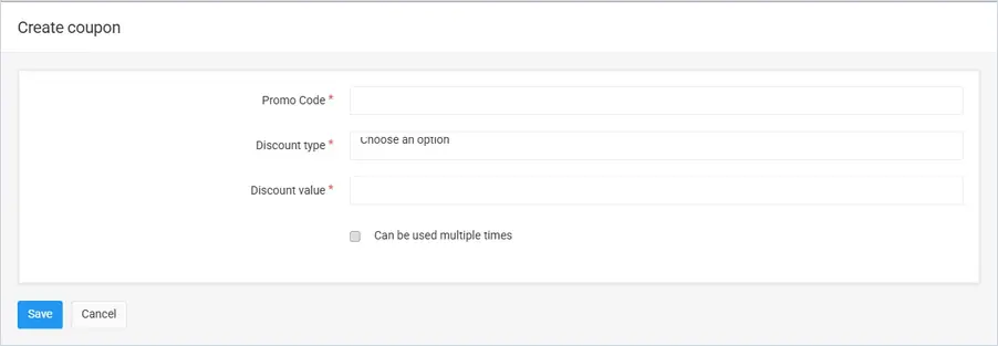 Create coupon form with Promo Code, Discount type, Discount value and Can be used multiple times